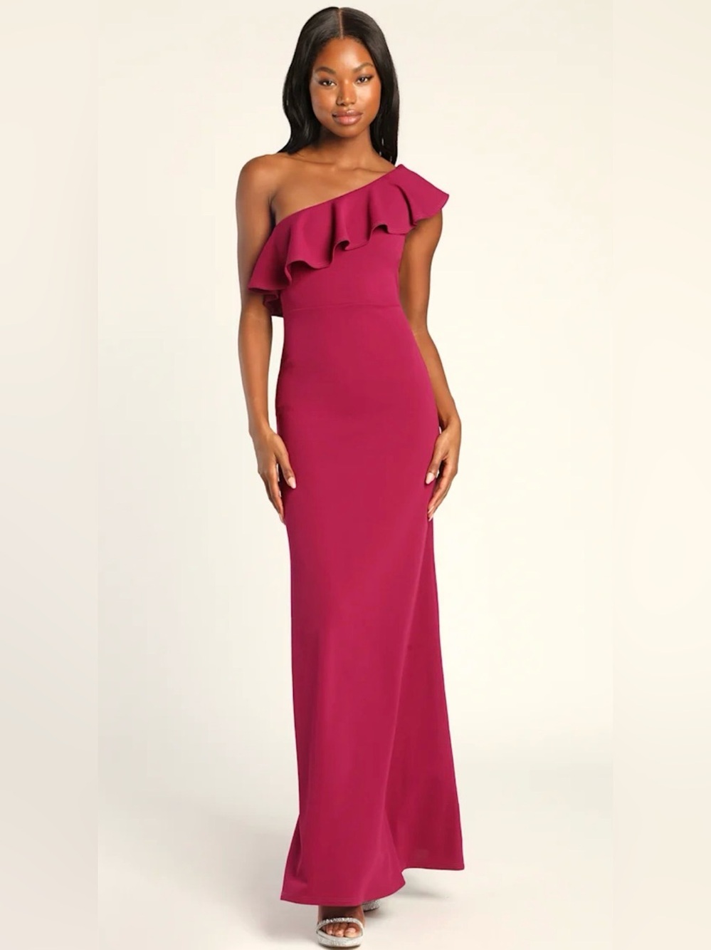 Lulu’s Last Forever Magenta One-Shoulder Ruffle Maxi Dress